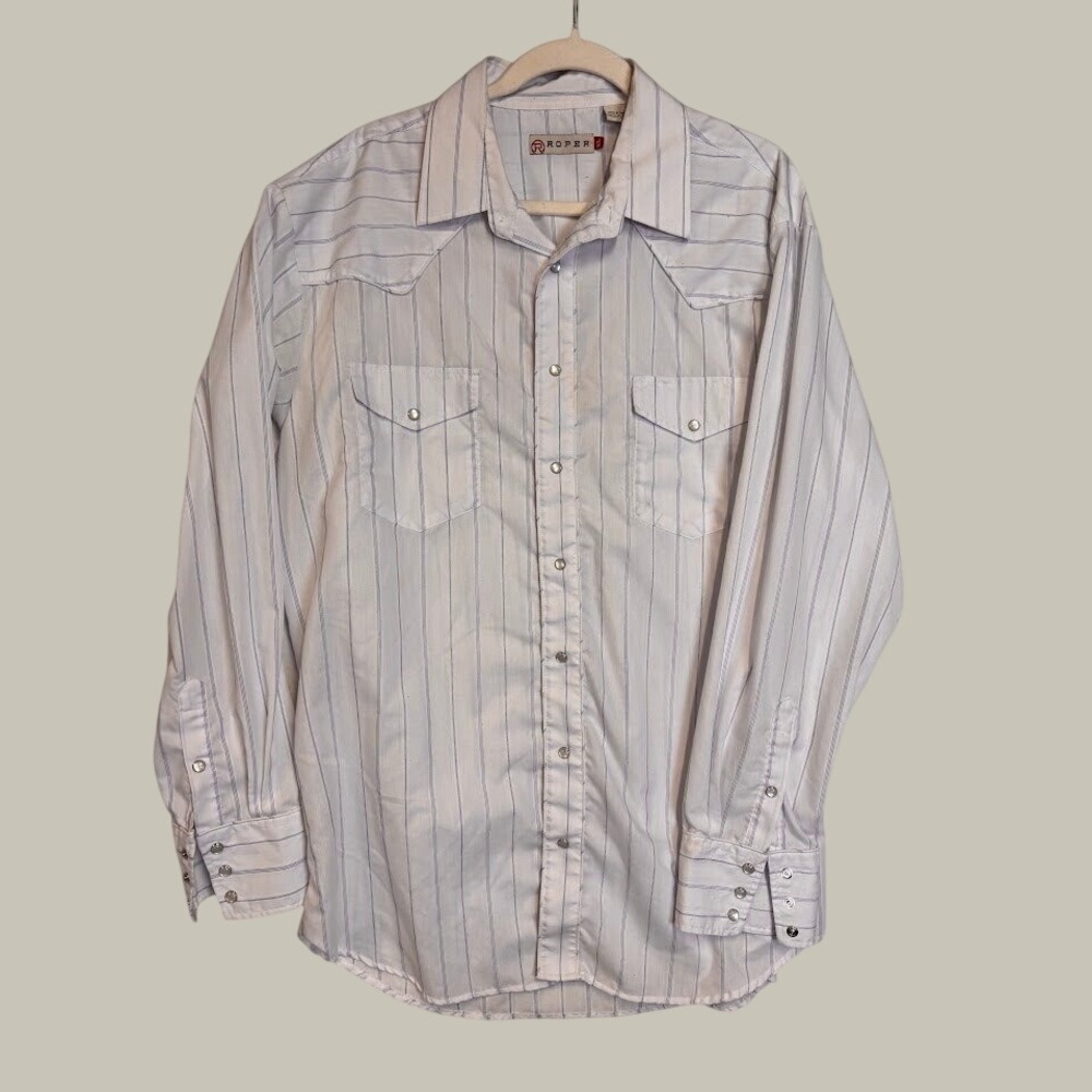 Roper Mens XL Western Pearl Snap Pinstripe Long Sleeve Shirt White Blue